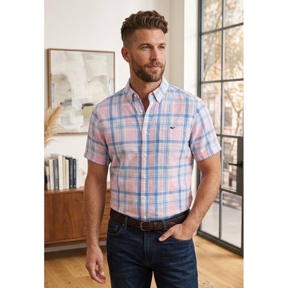 Vineyard Vines Pink and Blue Plaid Short-Sleeve Button-Down Shirt